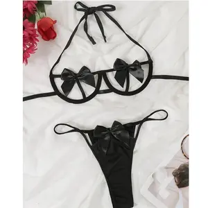 Elegant Black Bow Lingerie Set - Halter Top & Thong with Adjustable Straps for Women Sexy Womens Exotic Lingerie Sets, Bow Tie Hot Cute Teddy 2 Piece Lingerie Set Christmas Valentines