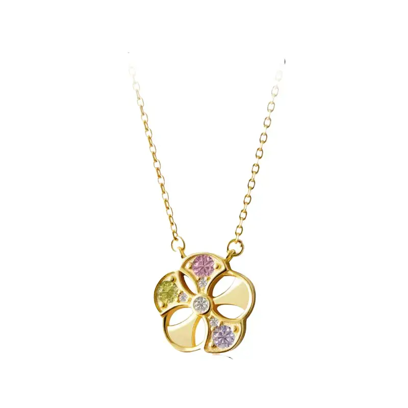 【LUCKY KILA】Elegant Flower Pendant Necklace with Multicolor Gemstones and Gold Chain for Women