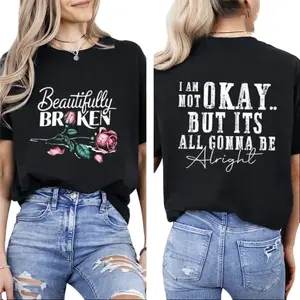 Women's Fitted Short-Sleeve Round Neck Graphic T-Shirt - "Beautifully Broken, Not Okay" Print, Casual Streetwear Clothes, Ideal for Sports & Outdoor Use, Great Gift Option