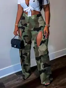 Women's Camo Print Cut Out Pocket Straight Leg Pants, Street Fashion Zipper Fly Button Trousers for Daily Wear, Ladies Clothes for All Seasons, Bottom