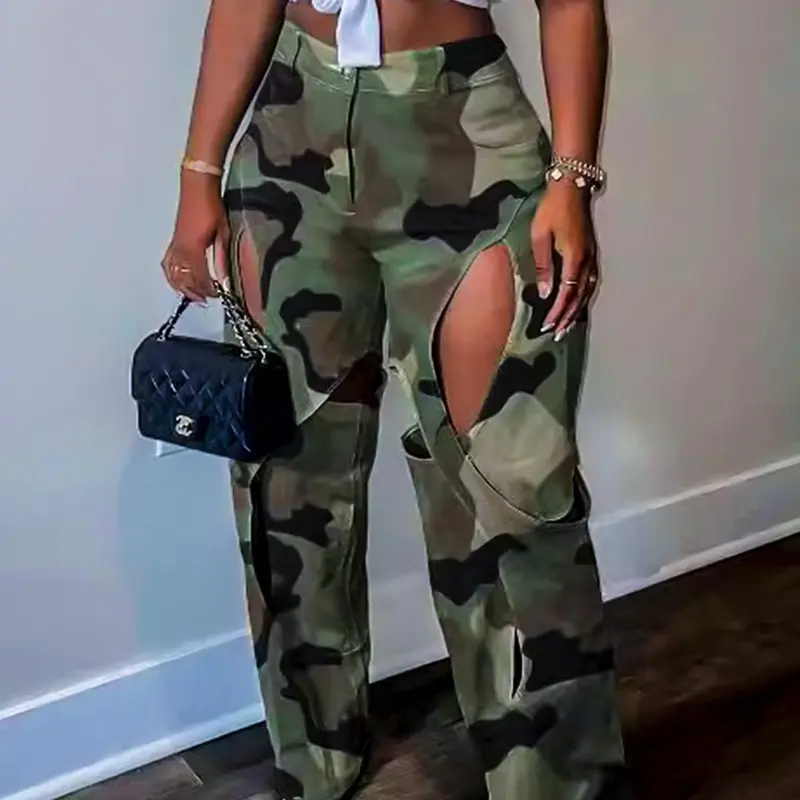 Women's Camo Print Cut Out Pocket High-Waist Straight-Leg Pants, Street Fashion Zipper-Fly Button Trousers for Daily Wear, Ladies' Bottom for All Seasons, Camouflage, Casual Style Bottoms, Streetwear Pants