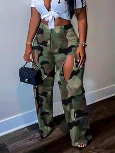 women's camo print cut out pocket straight leg pants, casual wear street fashion fitted zipper fly button trousers for daily wear, ladies clothes for all seasons, 80s fashion, street style, womenswear