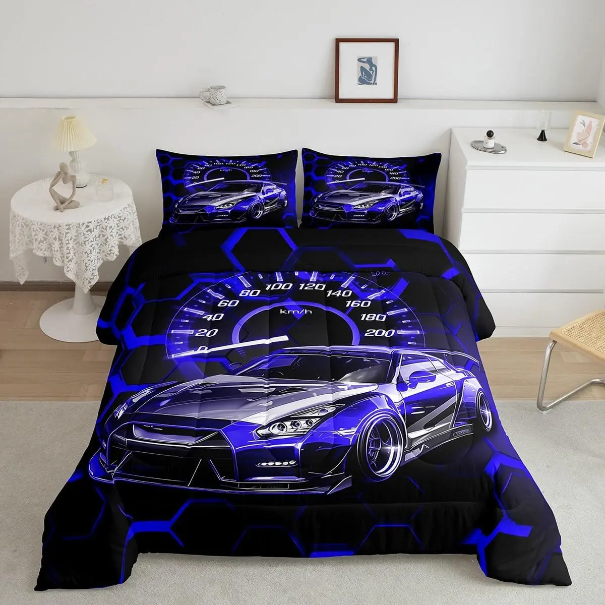 Race Car Comforter Set Speed Sports Car Bedding Set Adults,Honeycomb Duvet Quilt Breathable Soft Lightweight Blue Purple Room Decor, All Seasons, Decorative Bed Cover Duvets & Sets