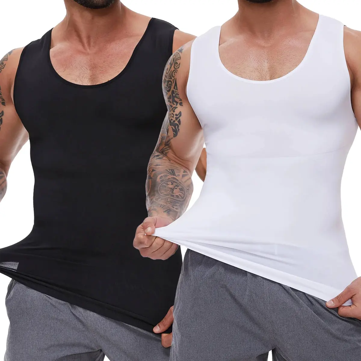 Men's 1-3 Pack Compression Waist Vest, Tummy Control Body Shaper Tank Tops, Breathable Lightweight Stretchy Soft Fabric, for Gym Yoga Workout, Black & White Undershirts