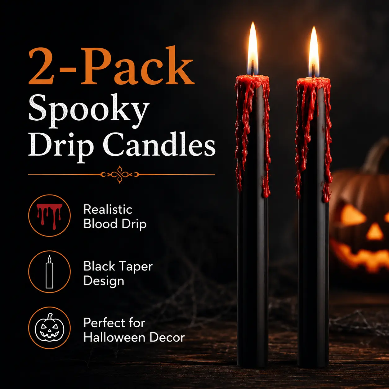 2-Pack Halloween Vampire Tears Taper Candles, Black Candlesticks with Red Bleeding Wax Effect for Gothic Party Table Decor