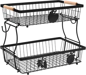 Fruit Basket Bowl 2 Tier with 2 Banana Hangers, Fruit Stand Holder for Kitchen Countertop, Detachable Metal Wire Vegetable Storage Organizer, for Bread Snack Veggies Produce, Black