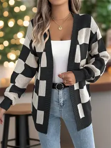 Women's Plaid Print Long Sleeve Cardigan Sweater, Casual Open Front Knitwear for Fall & Winter, Women's Knit Clothing for Daily Wear