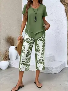 2026 New Summer Fashion Sets for Women, Cross-Border Style, Slim-Fit Short Sleeve with High-Waisted Wide-Leg Pants, Elegant Two-Piece Outfit,summervibes