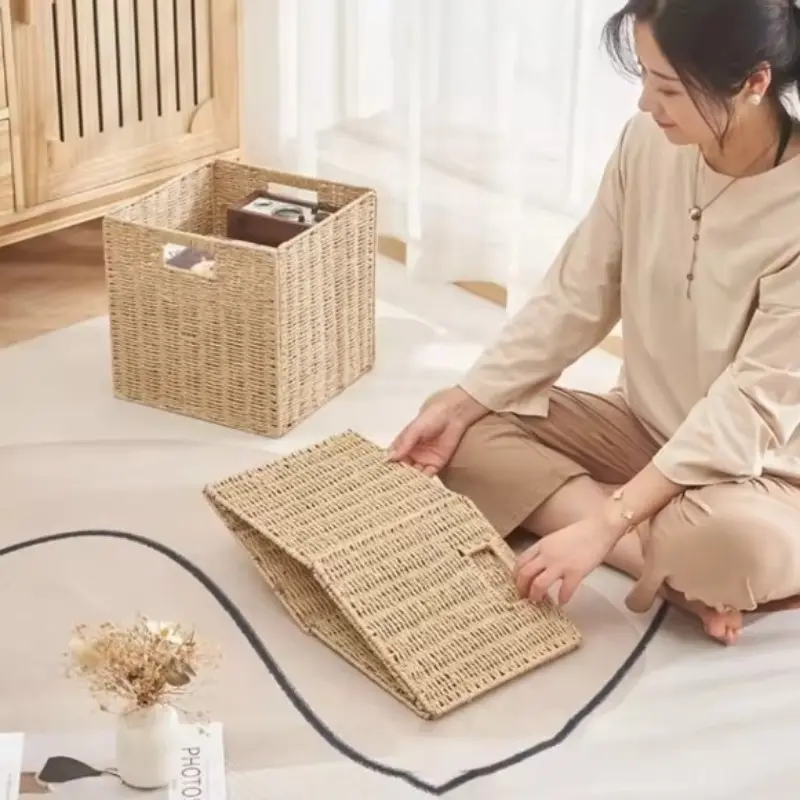Handwoven Foldable Storage Basket, Eco-Friendly Straw Organizer for Living Room, Clothes, Toys, Snacks, Home Decor Accessory