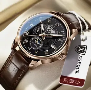 X-GEQCK Men’s Quartz Watch Brown Leather Band Black Face Luminous Date