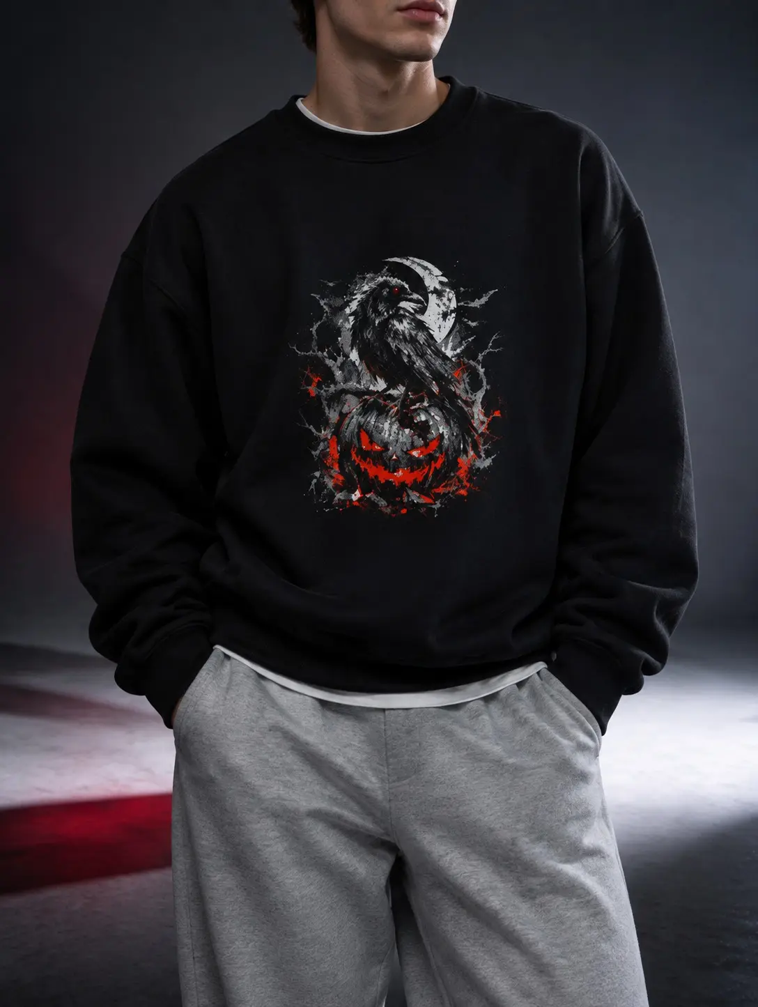 Men's Crewneck Sweatshirt Loose Fit Soft Fleece Halloween Raven Jack-o'-lantern Moon Splash Graphic Print Pullover Fall Casual Long Sleeve Top S-3XL