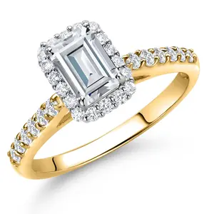 Gem Stone King 10K Two-Tone Gold Emerald Cut 6X4MM Gemstone Birthstone and Lab Grown Diamond Halo Engagement Ring For Women | Wedding Anniversary Promise Ring | Size 5,6,7,8,9