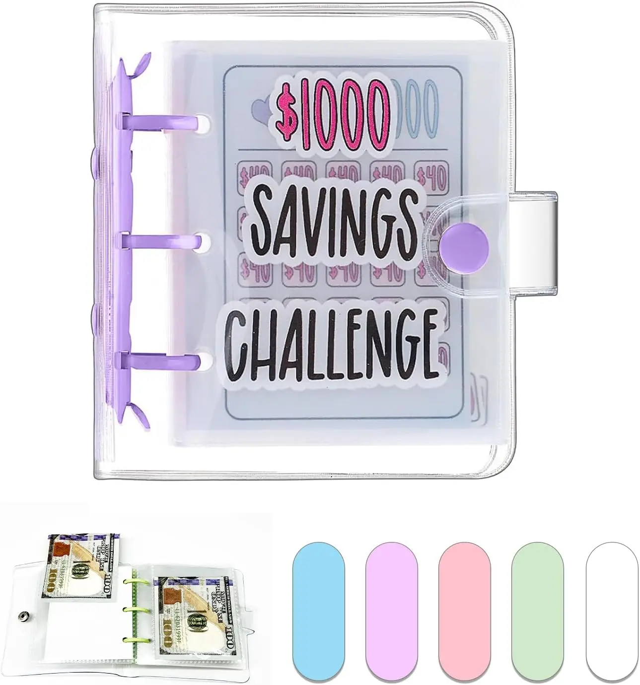 Money Saving Challenge Binder 1000 Savings Planner Reusable Mini Budget Book with Cash Envelopes Waterproof Durable PVC Material Easy Fun Way to Save $1000 deposit anytime portable