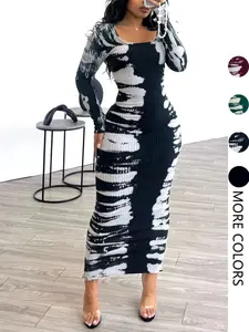 Women's U-Neck Dress Spring New Corduroy Print Back Long Skirt, Fashion Sexy Elegant Casual Medium-Length Dress for Autumn Winter