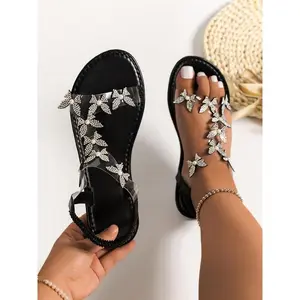 Women's Fashionable Rhinestone & Faux Pearl Decor Sandals, Elegant Butterfly Design Flat Sandals, Lightweight Comfortable Summer Shoes for Beach Vacation, Glitter Decorated Sandals