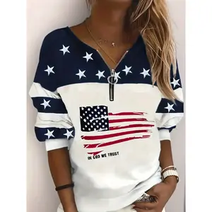 Women’s zip-up hooded sweatshirt with American flag print, long-sleeve star-spangled banner printed sweatshirt, four-season women’s top, patterned hoodie, loose casual sweatshirt, patterned sweatshirt GARMENTARY