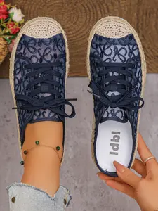 Summer New Fashion Lace Half-Open Fisherman Shoes, Women, Breathable Mesh Mules, Hemp Rope Laces, Comfortible Slip-Ons for Daily Wear