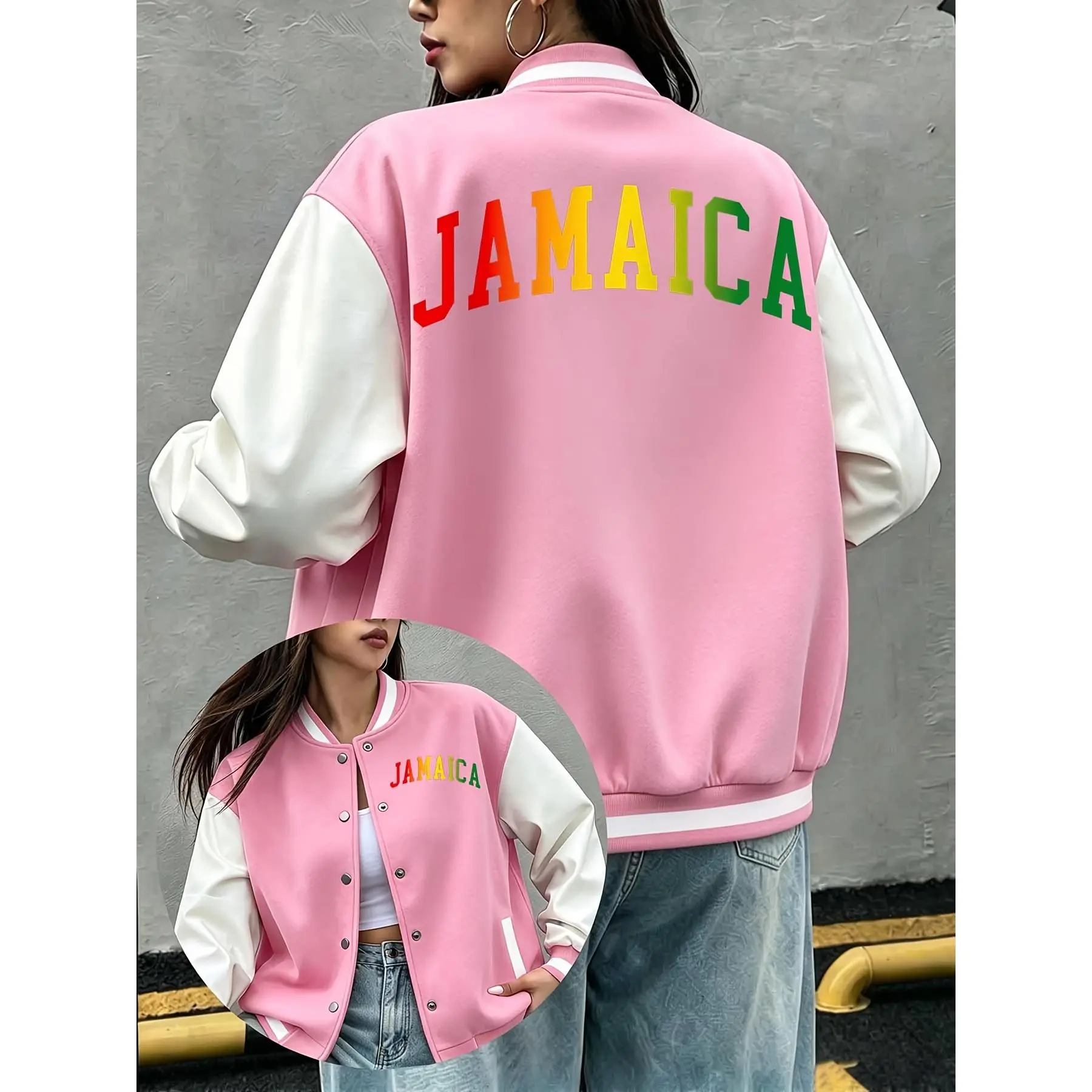 Jamaica Letter Print, Women's Baseball-Style Jacket, Reggae Culture Theme, Suitable For Casual Sports Scenes