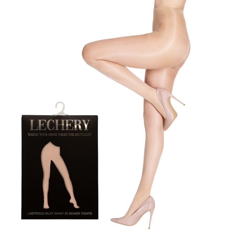 LECHERY Lustrous Shiny Sheer Pantyhose – High-Shine Ultra-Sheer 20 Denier Nylon Blend, Seamless High-Waist Laser-Cut Design, Ladder-Resistant Knit