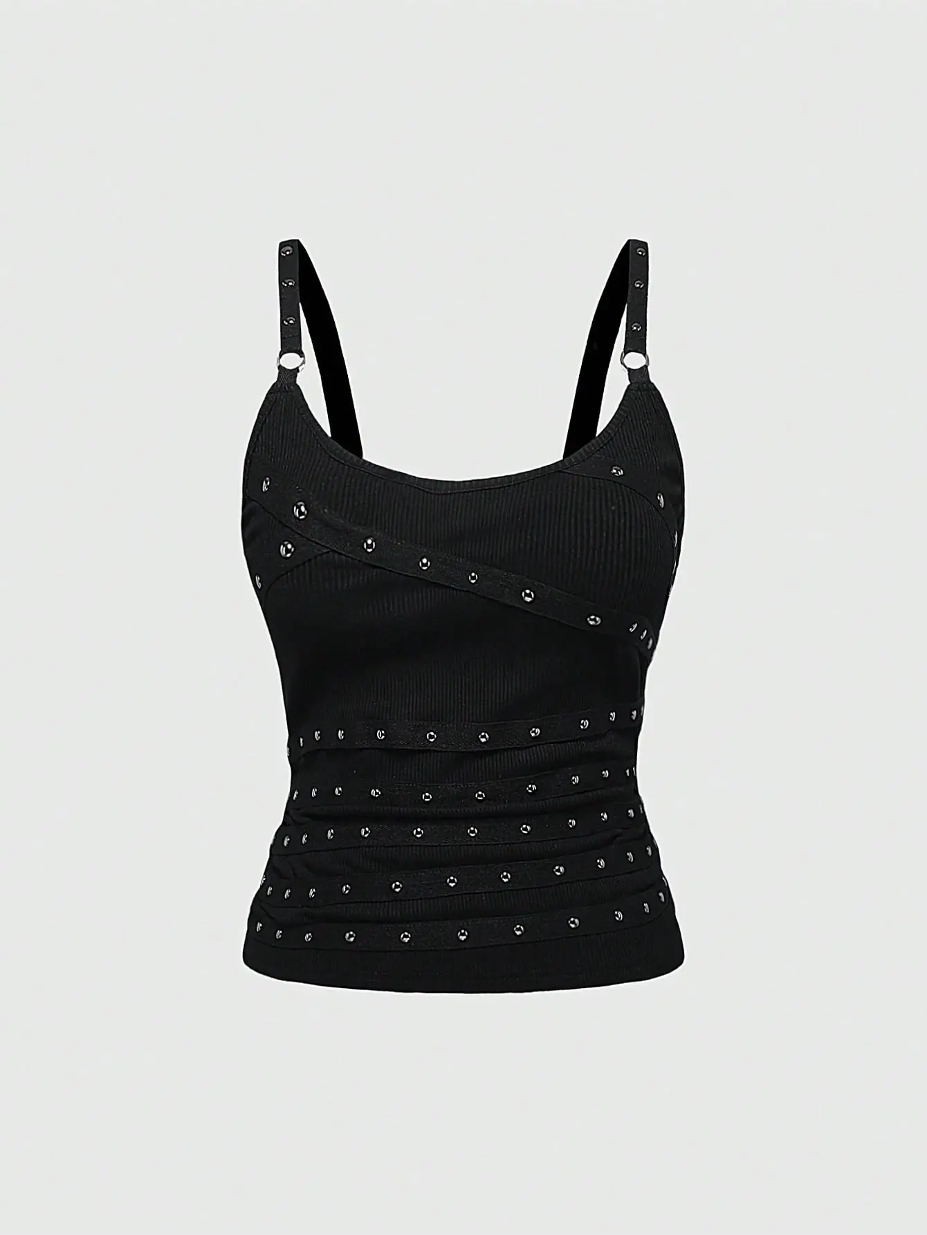 LALUZ Women Spring Summer Casual Streetwear Punk Studded Music Festival Black Cami Top Y2K Aesthetic Goth Going Out Crop Top Sleeveless