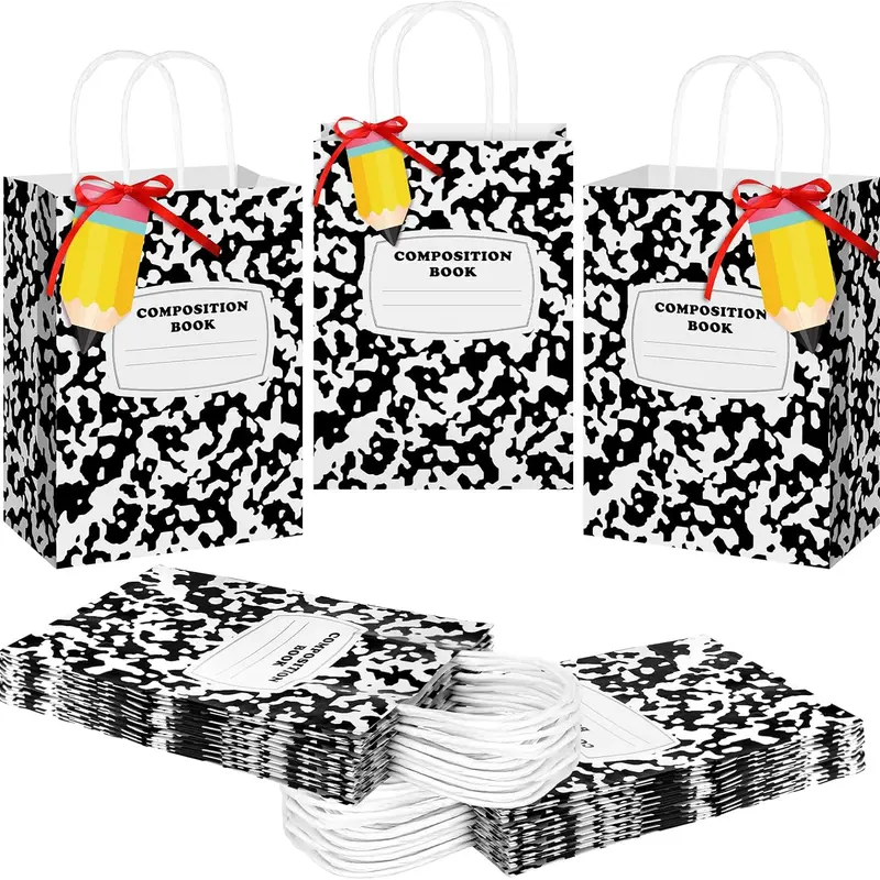 24 Pcs Back to School Gift Bags Composition Paper Bags Party Goodie Bags with Handles Notebook Line Pencil Pattern Teacher Appreciation Gifts Bag for Kindergarten Student Teacher Preschool Party Favors Wrapping