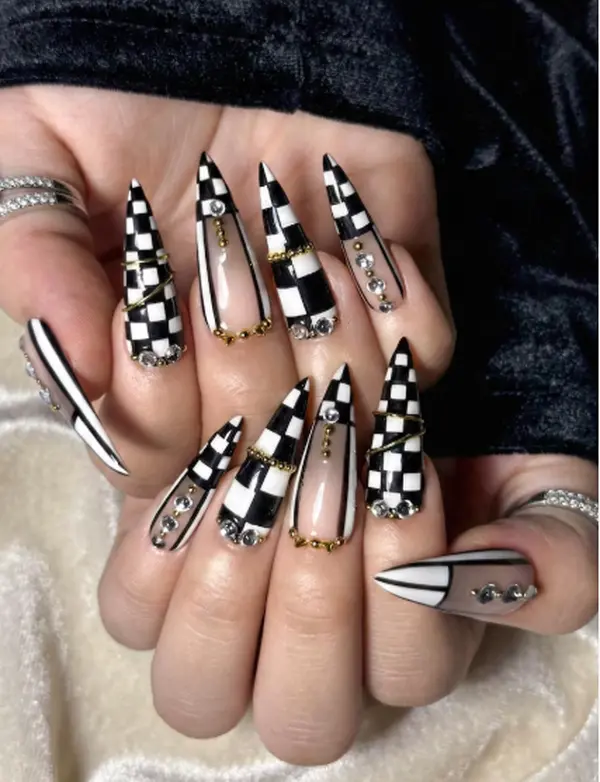 Gothic Black White Checker Press On Nails | Stiletto Handmade Nails | Gold Accent Reusable Fake Nails Set