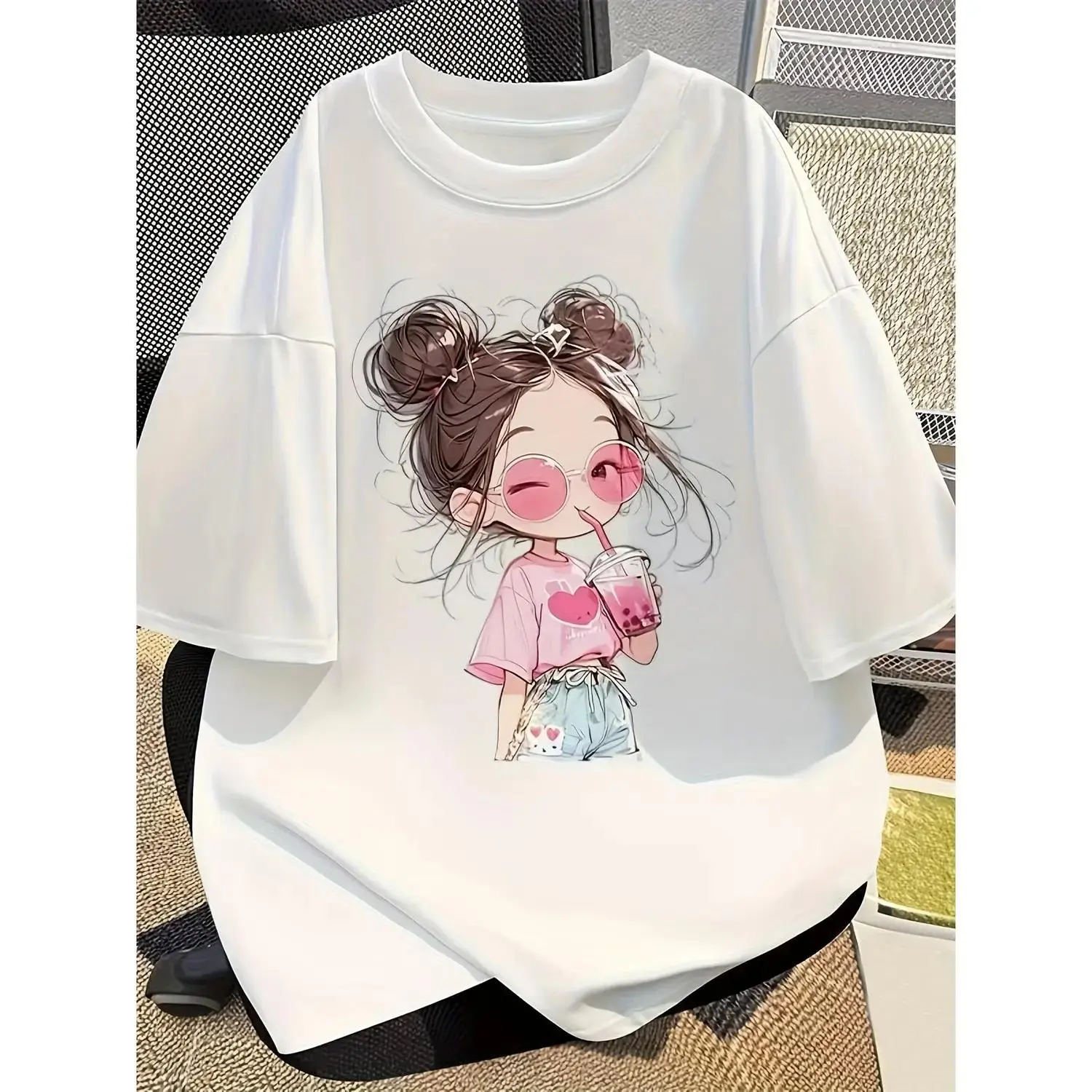 Adorable 100 Percent Cartoon Print Short Sleeve Round Neck T Shirt Perfect for Summer Women Loose Fit