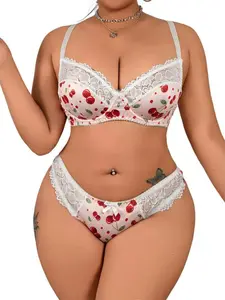 Sexy Cherry Bra Set for Women, Push-Up Wireless Full Coverage Balconette Bras, Ditsy Floral Print High Waist Underwear, All-Season Fitted Style Underwear Sets, Body Envy Sets