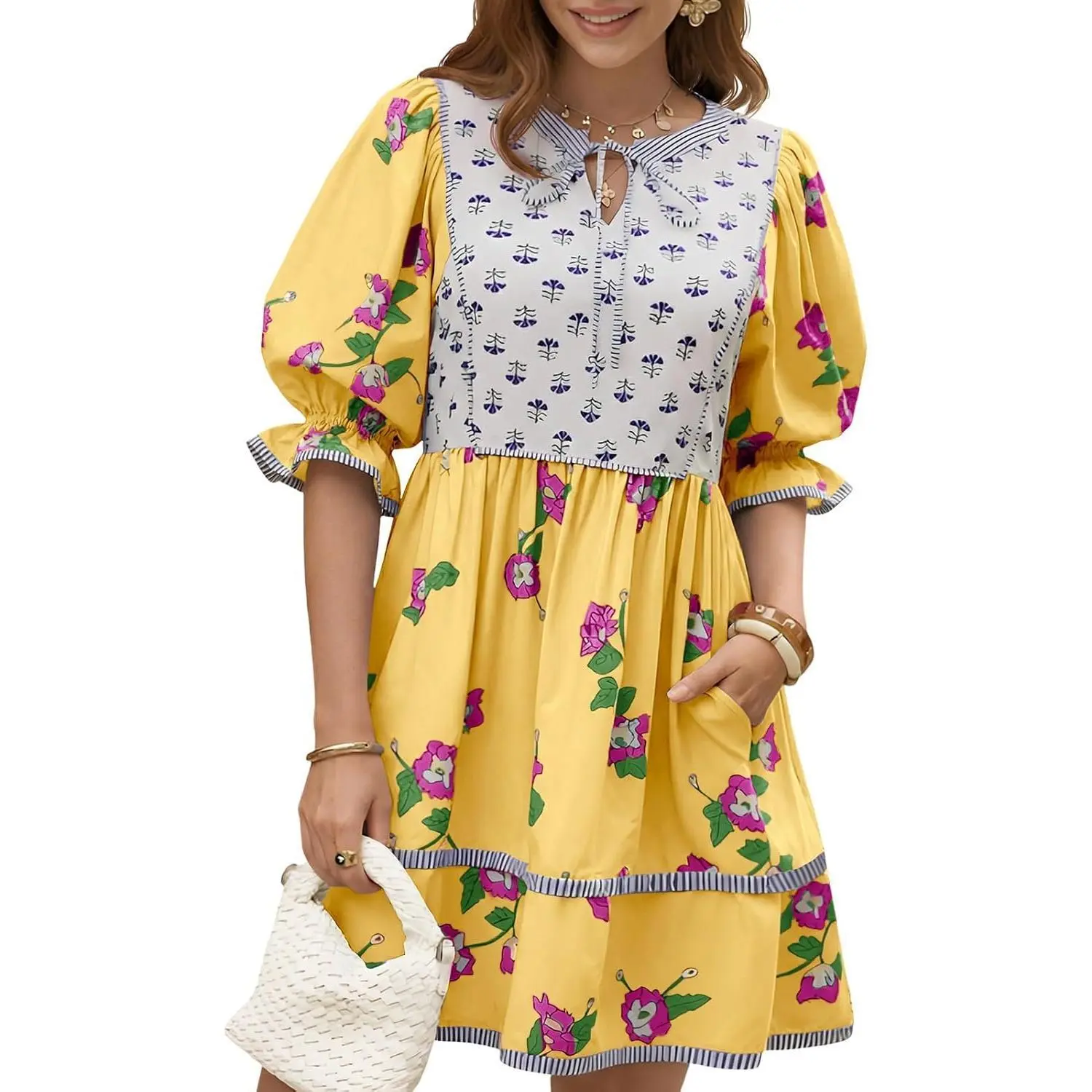 Imily Bela Womens Casual Floral Mini Dress Summer Puff Short Sleeve Tie Front V Neck Patchwork Loose Boho Shirt Dresses