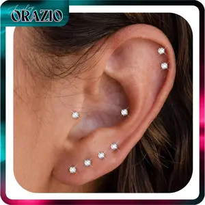 ORAZIO 6 Pairs Tiny 2mm Stainless Steel CZ Stud Earrings for Men & Women Cartilage Helix Tragus Piercing Set Secure Fit