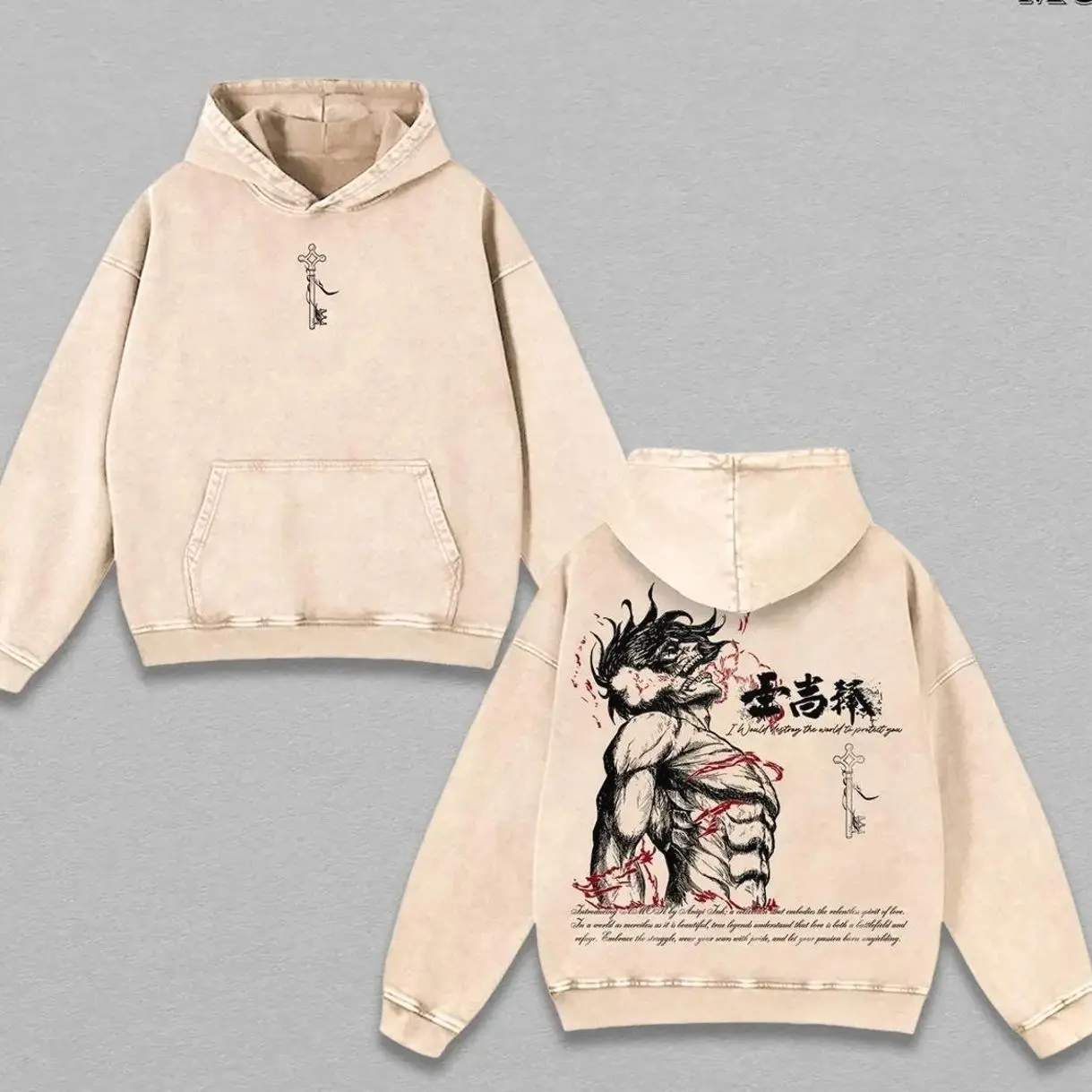 Eren Yeager Attack on Titan Hoodie & Tee Washed � Vintage Oversized Heavy Cotton Double Printed Front & Back Anime Manga Graphic Hoodie / T-Shirt, Retro Unisex Streetwear Top, The Rumbling Collector Edition, AOT Hoodie & Tee Washed  0SS
