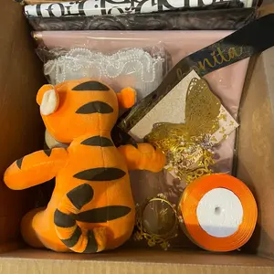 Box - 3 Packs of 20 Sheets, 2 Rolls of 4cm Satin Ribbon, Personalized Ribbon, 12 3D Butterflies, Crown, Mesh & Stuffed Animals