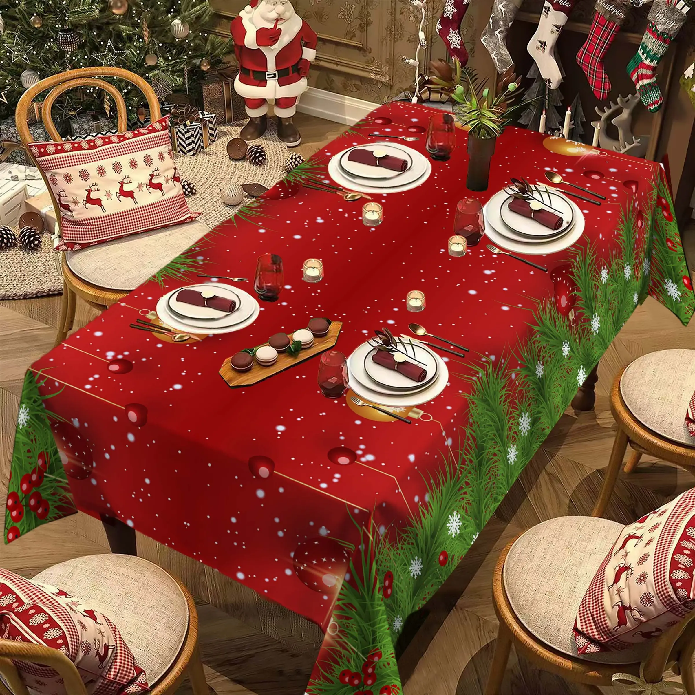 Christmas Tablecloth Snowflake Pine Needle Pattern, Indoor Outdoor Use, Home Kitchen Dining Decor, Holiday Wedding Party Decoration