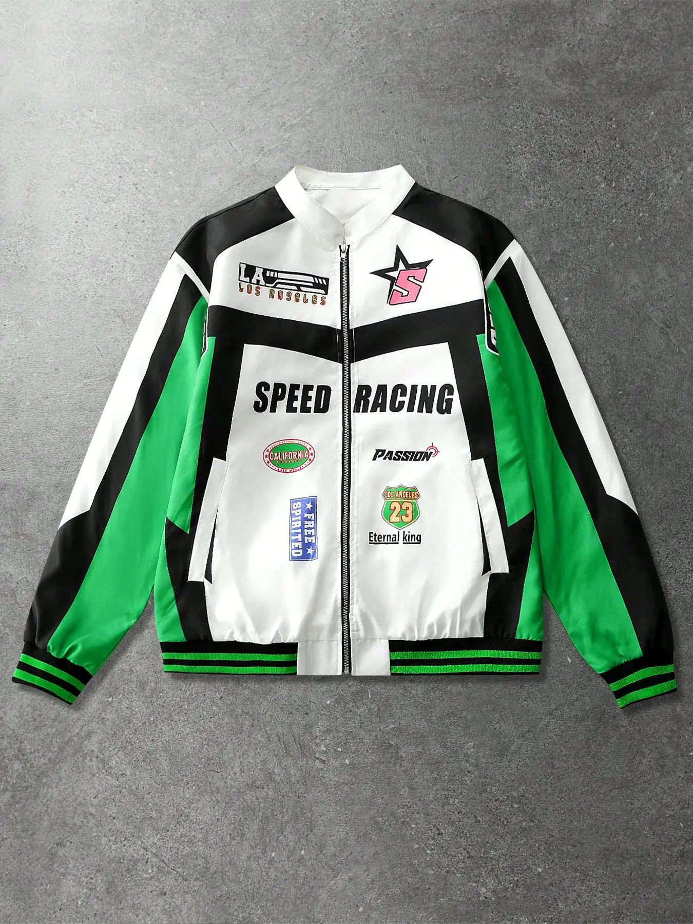 2026 Trendy Racing Team Patchwork Jacket - Red White Black Color-block Moto Biker Outerwear - High-Quality Embroidered Streetwear Windbreaker for Racing Enthusiasts & Urban Fashion