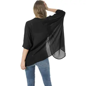 Women'S Short Sleeve Beachwear Sheer Chiffon Kimono Cardigan Solid Casual Capes Beach Blouse Summer Cover Ups Light Shirts Light Shirts