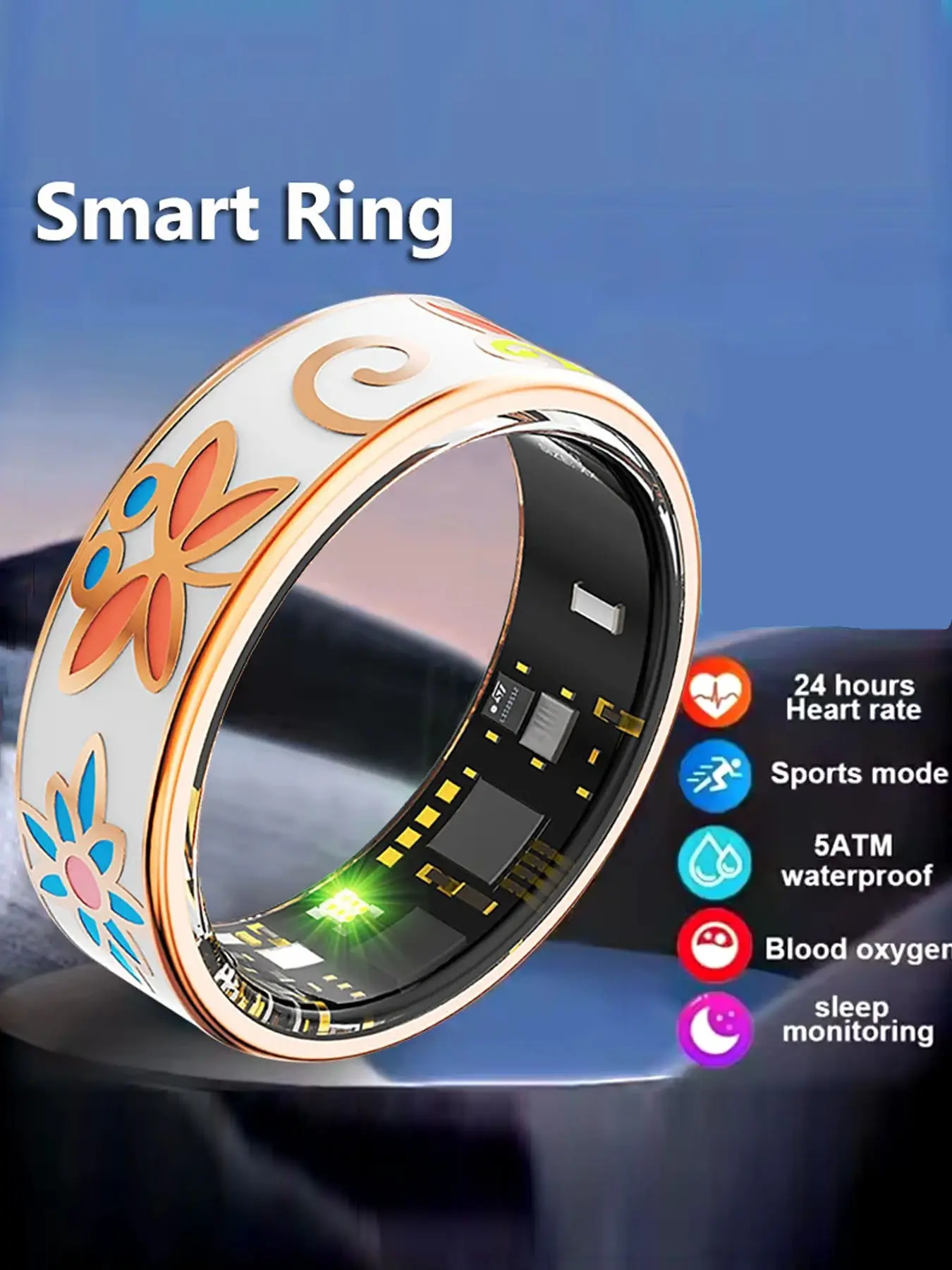 Women's Smart Ring 5atm Waterproof Health Tracker Heart Rate Oxygen Sleep Monitor Multi-Sport Mode Magnetic Charging Sporty Style