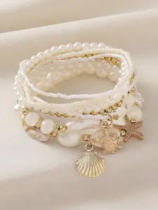 Women's Boho Shell & Starfish Bracelet Set, Artificial Pearl Party Vacation Jewelry, Beach Style Handmade Accessories