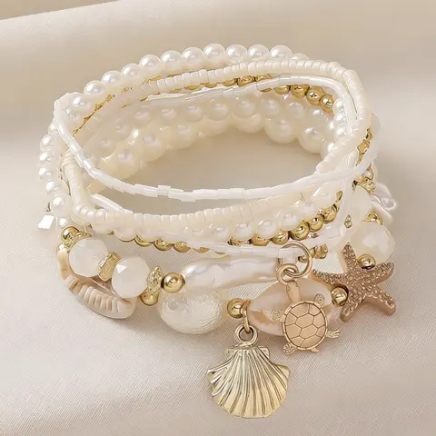 Women's Boho Shell and Starfish Bracelet Set, Beautiful Bracelets, Trendy Faux Pearl Jewelry, Handmade Beach-Style Accessory for Parties and Vacations
