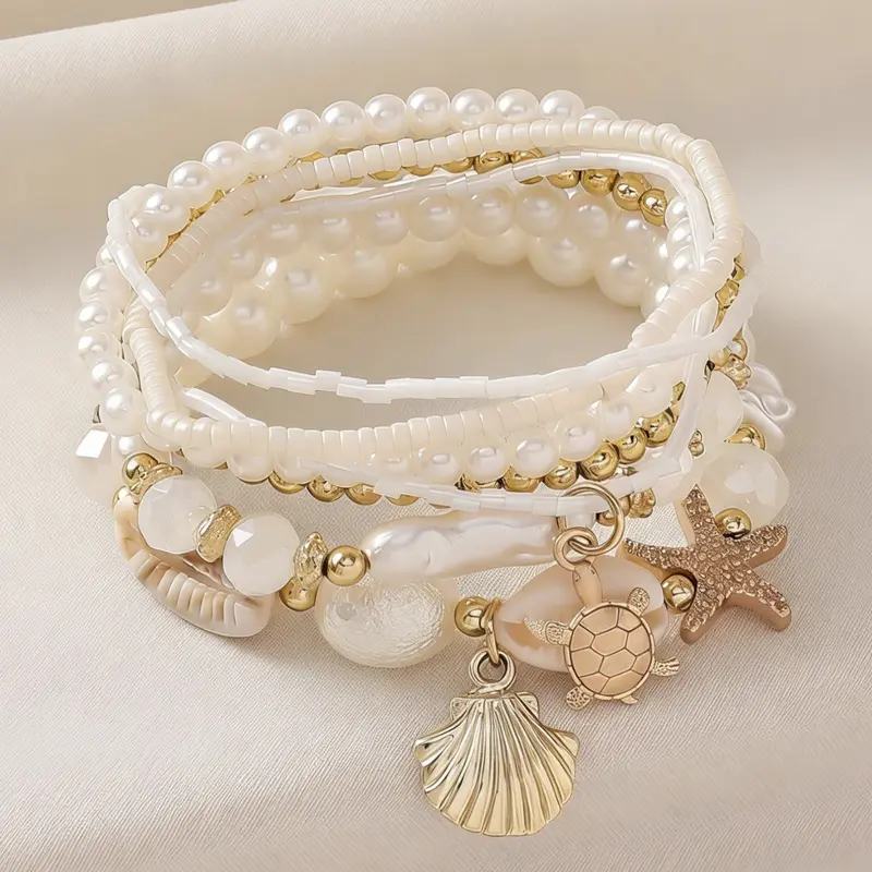 Women's Boho Shell and Starfish Bracelet Set, Beautiful Bracelets, Trendy Faux Pearl Jewelry, Handmade Beach-Style Accessory for Parties and Vacations