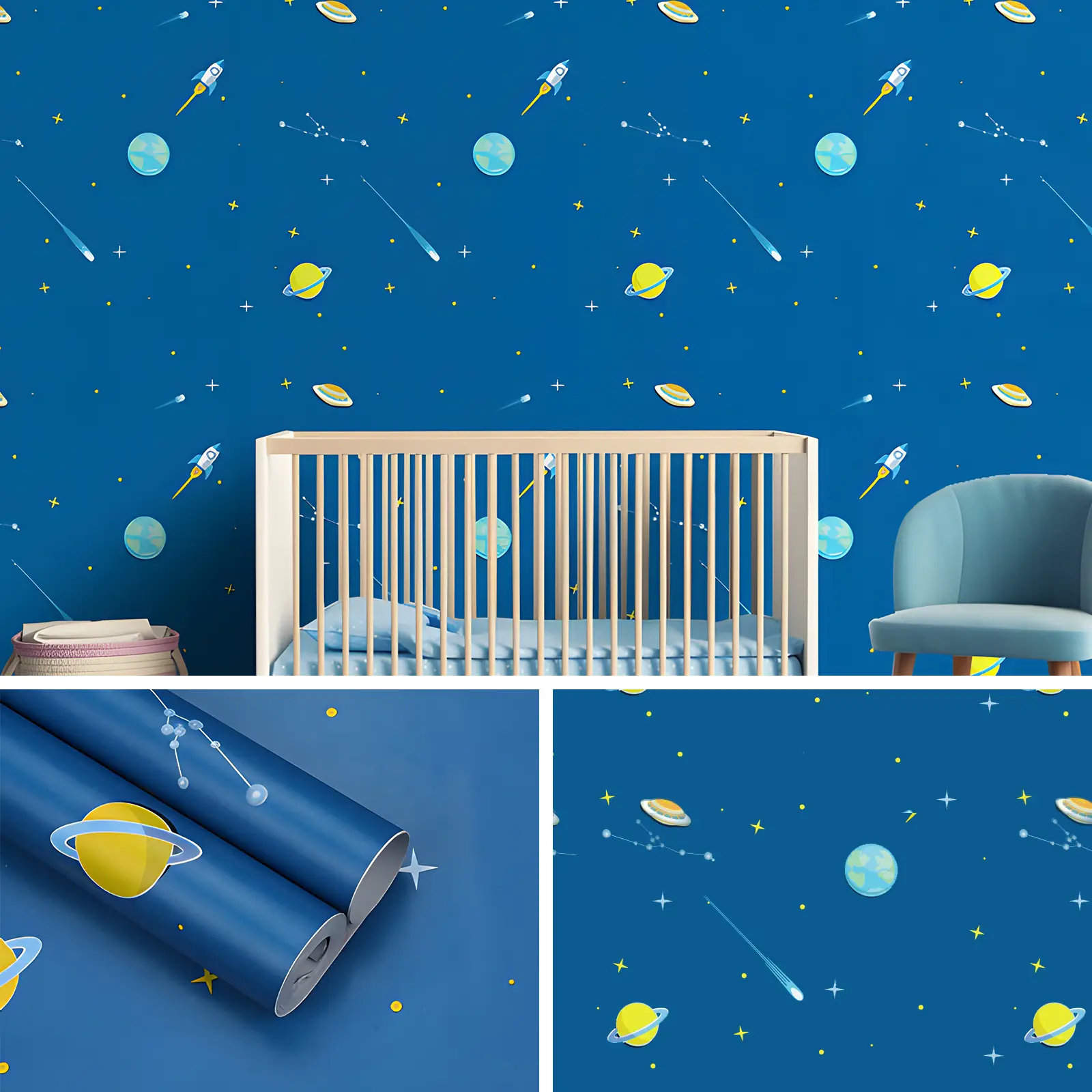 Cartoon Dark Blue Space Moon Peel and Stick Self Adhesive Wallpaper - Waterproof Moisture-Proof Removable | Easy Clean & Install for Kids' Bedroom, Boys/Girls Room, Living Room Wall & Furniture Renovation PVC Sticker
