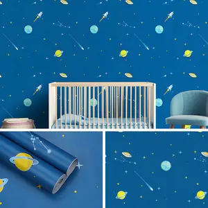 Cartoon Dark Blue Space Moon Peel and Stick Self Adhesive Wallpaper - Waterproof Moisture-Proof Removable | Easy Clean & Install for Kids' Bedroom, Boys/Girls Room, Living Room Wall & Furniture Renovation PVC Sticker