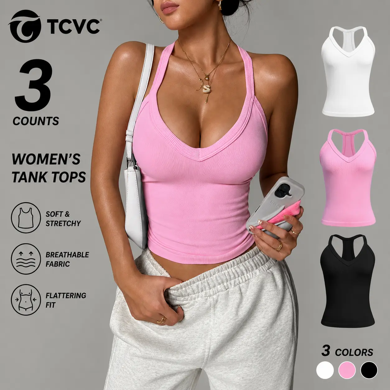 TCVC 3 Pack Women's Halter Tank Tops, V Neck Ribbed Sleeveless Crop Tops, Casual Layering Camisole for Women, 4 Way Stretch Breathable Tops for Workout Yoga Daily Outing - TCVC