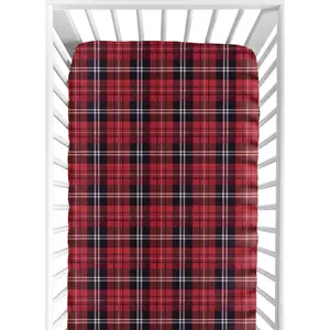 Sweet Jojo Designs Fitted Baby Crib Sheets (Woodland Plaid) for Boys or Girls, Infant Nursery, Toddler Room - Standard Size (Red and Black Tartan, Checkered, Checked for the Rustic Patch Collection)
