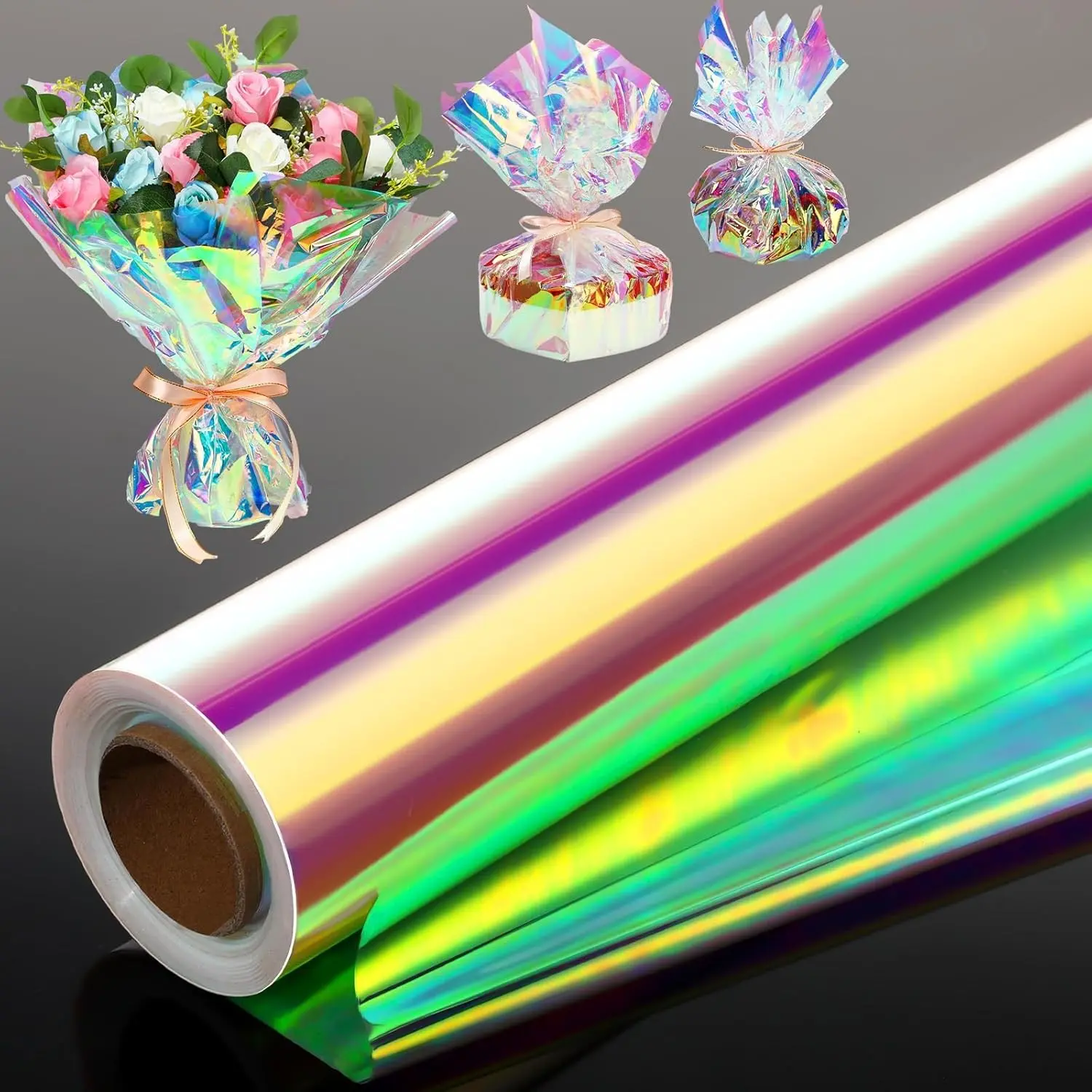 31.5 in x 200 ft Iridescent Cellophane Wrap Roll, Rainbow Wrapping Paper Holographic Cellophane Wrap for Baskets Flower Bouquet Christmas DIY Treats Gifts Wrapping(Red and Golden Iridescence)