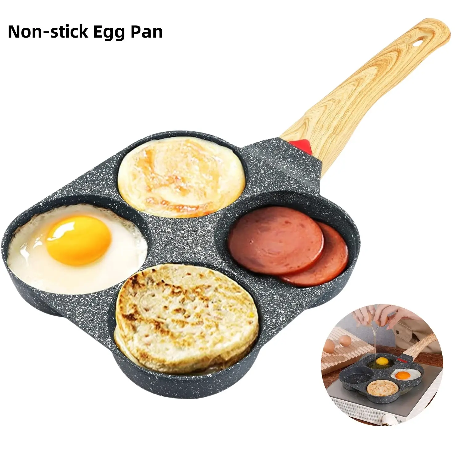 Arthink Nonstick 4-Hole Aluminium Alloy Pancake Pan - Kitchenware Cooking Skillet with Heat-Sensitive Silicone Coating, Wooden Comfortable Handle, for Stove, Frying Eggs - Value Pack, TikTokShopBlackFriday Christmas Gift