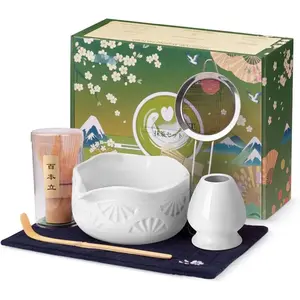 Matcha Whisk Set, Ceramic Matcha Set Includes Matcha Bowl with Spout, Matcha Whisk and Holder, Bamboo Scoop, Sifter and Tea Towel - 6 Pcs Matcha Kit Gift for Matcha Lovers (White)