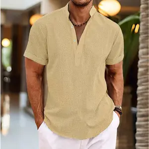 Men’s Short Sleeve Henley Shirt, Band Collar Linen Casual Tee, Summer Beach Hippie Lightweight Breathable T-Shirt