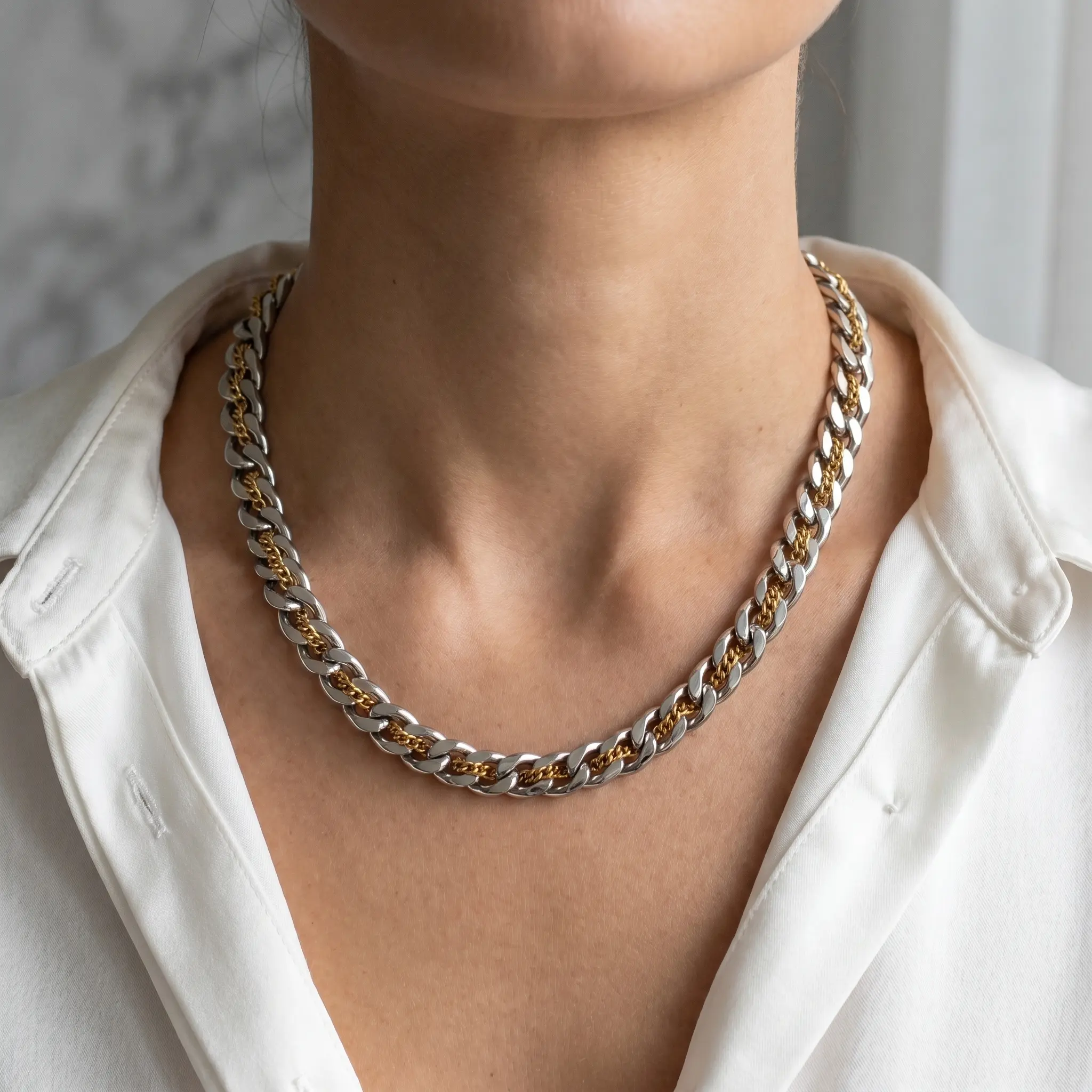 Sleek Interlocking Square Design Two Tone Cuban Link Necklace for Women, Titanium Steel 19"+2" Adjustable Statement Choker, Minimalist Everyday Layering Jewelry Gift