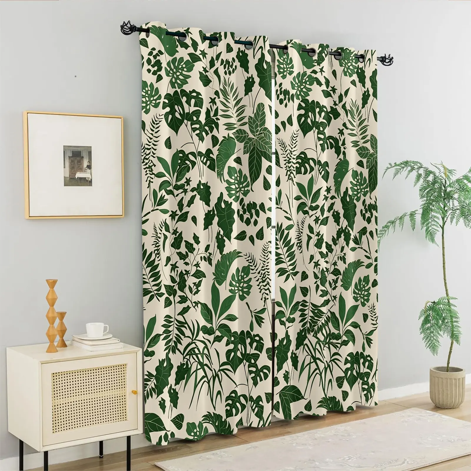 2 Panels Tropical Monstera Leaf Curtains, Green Botanical Printed Curtains, Jungle Plant Darkening Curtains, Boho Nature Decoration Curtains with Grommet Top, For Bedroom Living Room Dorm Decor