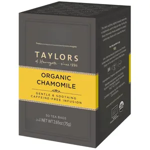 Taylors of Harrogate Organic Chamomile Herbal Tea 50 Caffeine-Free Teabags United Kingdom Comforting Delicate Honeyed Flavor